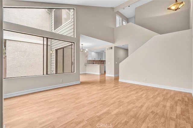 401 Deerfield Ave Unit 84, Irvine, CA 92606 - unfurnished living room with high vaulted ceiling, baseboards, wood finished floors, and a sink