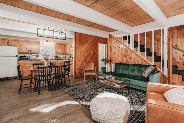 753 Maple Ln, Sugarloaf, CA 92386 - living area featuring beam ceiling, wooden walls, stairs, wood finished floors, and wood ceiling