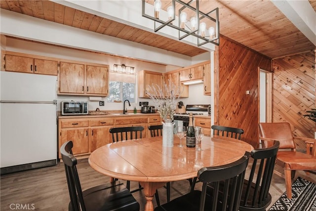 753 Maple Ln, Sugarloaf, CA 92386 - dining area featuring wood ceiling, wooden walls, and wood finished floors