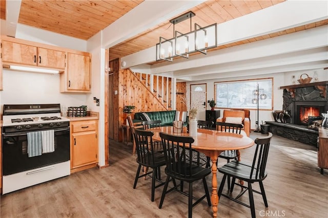 753 Maple Ln, Sugarloaf, CA 92386 - dining room with stairway, light wood finished floors, wood ceiling, and a fireplace