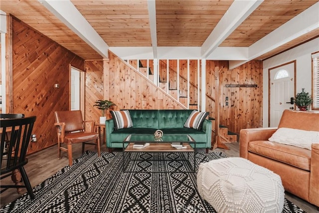 753 Maple Ln, Sugarloaf, CA 92386 - living area with wood walls, beam ceiling, stairs, wood finished floors, and wood ceiling