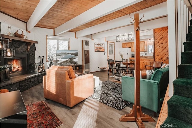 753 Maple Ln, Sugarloaf, CA 92386 - living area with wood finished floors, wooden ceiling, beamed ceiling, a fireplace, and wood walls