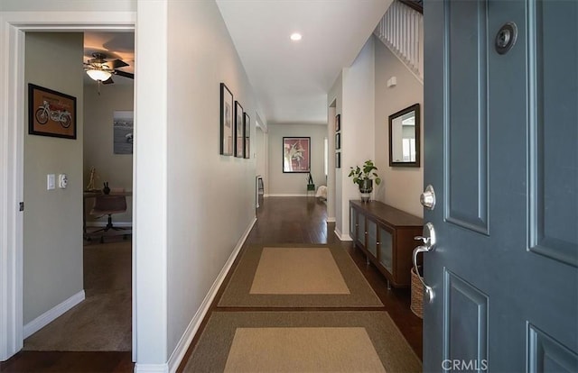 32804 Red Carriage Rd, Winchester, CA 92596 - corridor featuring baseboards, dark carpet, and recessed lighting