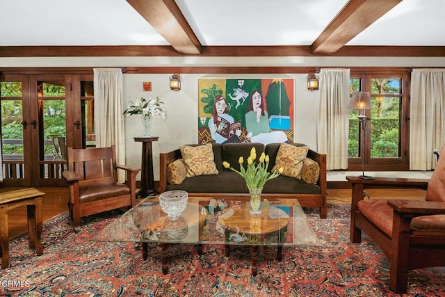 657 Prospect Blvd, Pasadena, CA 91103 - living area with beamed ceiling, wood finished floors, and french doors