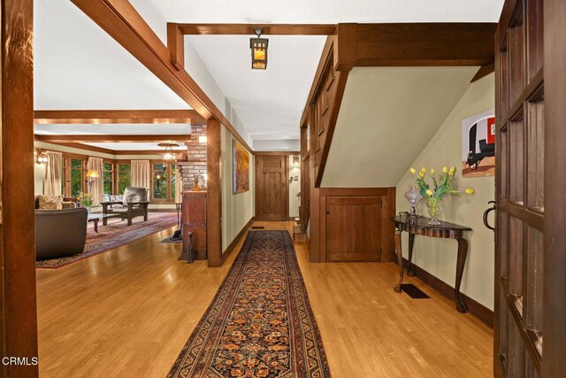 657 Prospect Blvd, Pasadena, CA 91103 - hall with wood finished floors, baseboards, and beamed ceiling