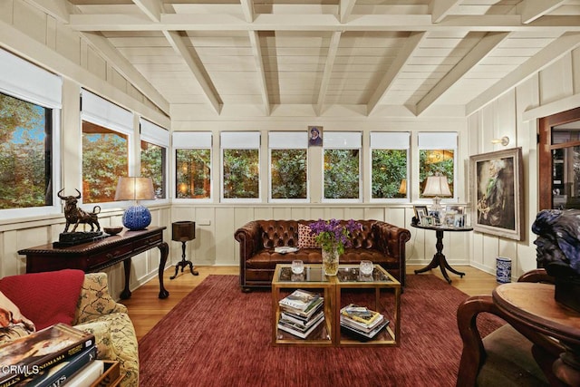 657 Prospect Blvd, Pasadena, CA 91103 - sunroom / solarium with wood finished floors, beamed ceiling, a decorative wall, wood ceiling, and a wooden deck