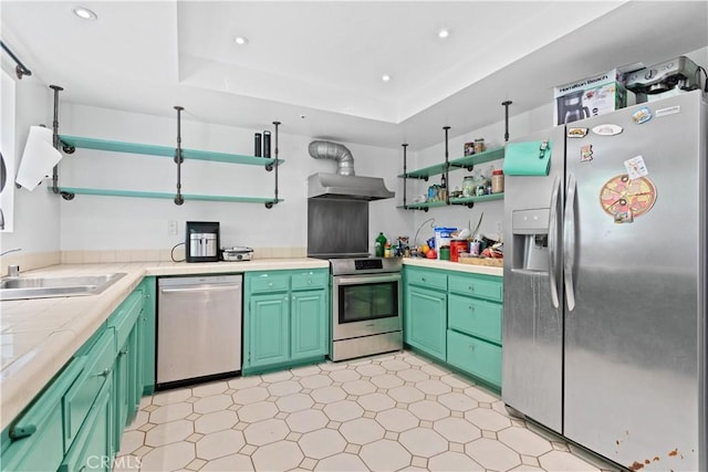 9319 Rowell Ave, Chatsworth, CA 91311 - kitchen featuring stainless steel appliances, open shelves, light flooring, range hood, and a raised ceiling