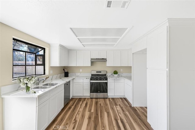 38532 Division St, Palmdale, CA 93550 - kitchen featuring appliances with stainless steel finishes, under cabinet range hood, a sink, light wood-type flooring, and white cabinets