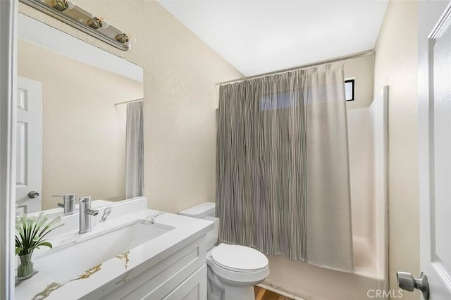 38532 Division St, Palmdale, CA 93550 - bathroom with toilet, a shower with curtain, vanity, and lofted ceiling