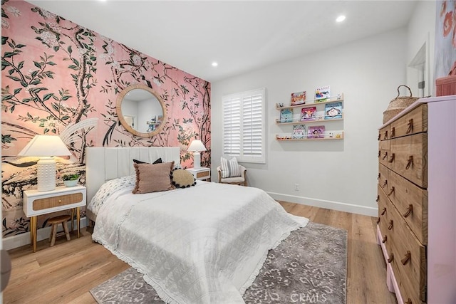214 Canterbury, Irvine, CA 92618 - bedroom with wallpapered walls, baseboards, an accent wall, recessed lighting, and light wood-style flooring