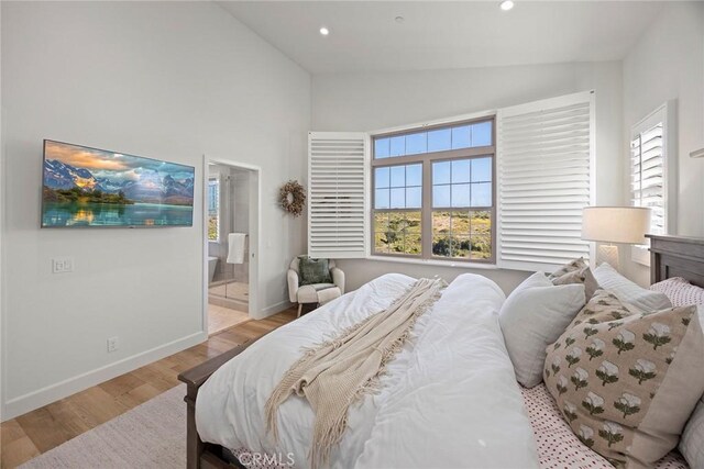 214 Canterbury, Irvine, CA 92618 - bedroom featuring multiple windows, high vaulted ceiling, light wood-style floors, baseboards, and recessed lighting