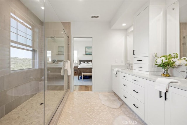 214 Canterbury, Irvine, CA 92618 - ensuite bathroom featuring a stall shower, vanity, and recessed lighting