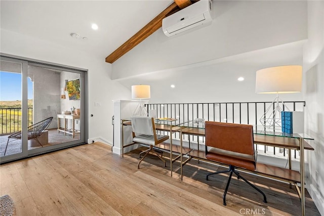214 Canterbury, Irvine, CA 92618 - sitting room featuring a wall mounted air conditioner, beam ceiling, wood finished floors, high vaulted ceiling, and recessed lighting