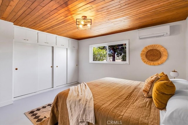 bedroom with an AC wall unit, wooden ceiling, and a closet