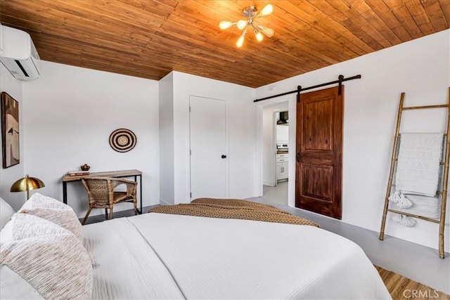 bedroom with a barn door, an AC wall unit, wood ceiling, baseboards, and a closet