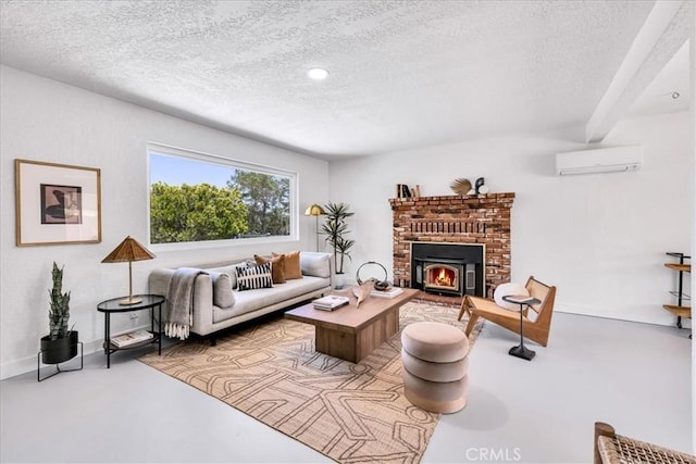 living area featuring a textured ceiling, a wall mounted air conditioner, baseboards, concrete floors, and a brick fireplace