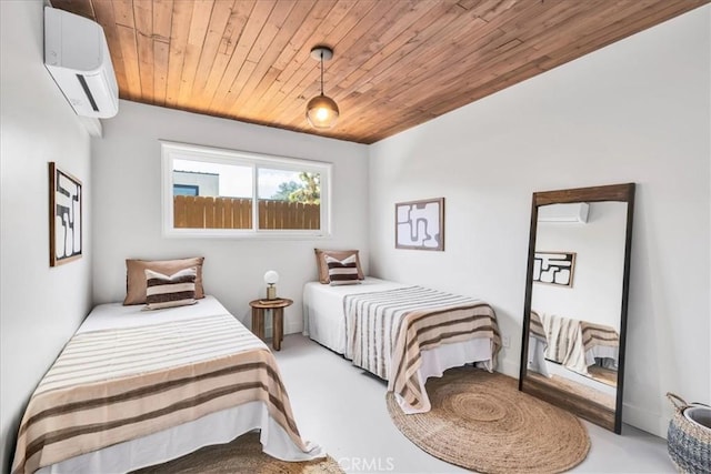 bedroom with a wall mounted air conditioner, wood ceiling, and carpet flooring
