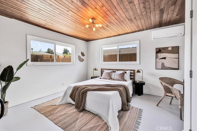bedroom with a wall mounted AC, finished concrete flooring, wooden ceiling, and baseboards