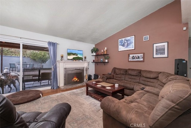 26731 Sinforosa Dr, Mission Viejo, CA 92691 - living area featuring vaulted ceiling, wood finished floors, a premium fireplace, and electric panel