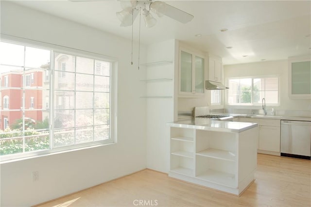 2800 Plaza Del Amo 190, Torrance, CA 90503 - kitchen featuring stainless steel dishwasher, open shelves, under cabinet range hood, and white cabinets