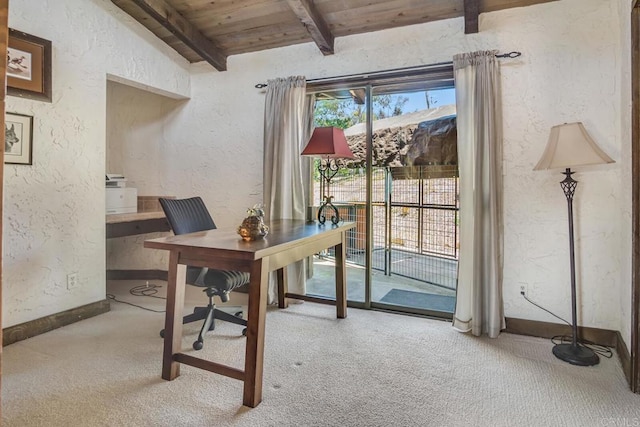 15390 Las Planideras, Rancho Santa Fe, CA 92067 - office area featuring carpet floors, beam ceiling, a textured wall, wooden ceiling, and baseboards