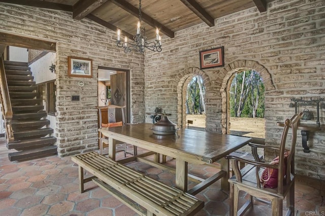 15390 Las Planideras, Rancho Santa Fe, CA 92067 - dining space featuring wood ceiling, beamed ceiling, stairway, a chandelier, and high vaulted ceiling