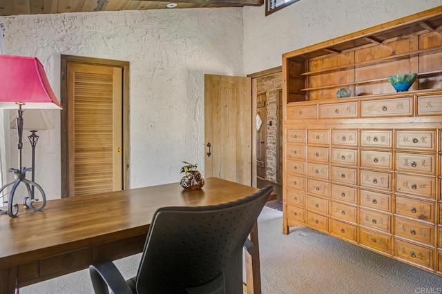 15390 Las Planideras, Rancho Santa Fe, CA 92067 - carpeted home office with a textured wall and wood ceiling