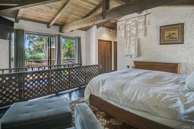 15390 Las Planideras, Rancho Santa Fe, CA 92067 - bedroom featuring wood ceiling, wood finished floors, and a textured wall