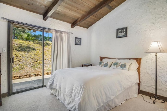 15390 Las Planideras, Rancho Santa Fe, CA 92067 - bedroom with wood ceiling, carpet, access to outside, and a textured wall