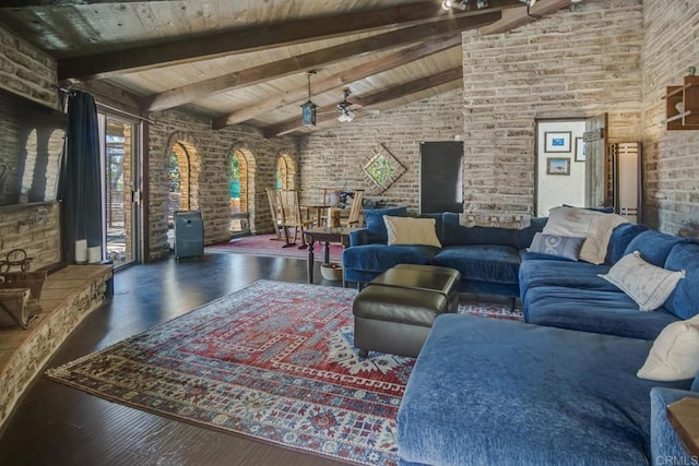 15390 Las Planideras, Rancho Santa Fe, CA 92067 - living area with brick wall, hardwood / wood-style flooring, wood ceiling, beam ceiling, and high vaulted ceiling