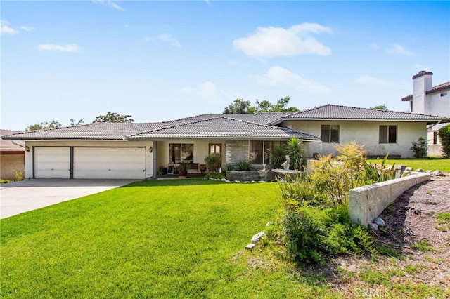 ranch-style home featuring stucco siding, an attached garage, a front lawn, a tile roof, and concrete driveway