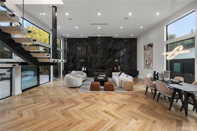 38221/2 Laurel Canyon Blvd, Studio City, CA 91604 - building lobby featuring a high ceiling, stairs, and recessed lighting