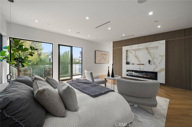 38221/2 Laurel Canyon Blvd, Studio City, CA 91604 - bedroom with access to exterior, recessed lighting, and a high end fireplace