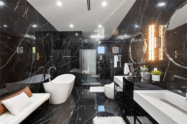 38221/2 Laurel Canyon Blvd, Studio City, CA 91604 - bathroom with stone wall, tile walls, marble tiled flooring, a stall shower, and vanity