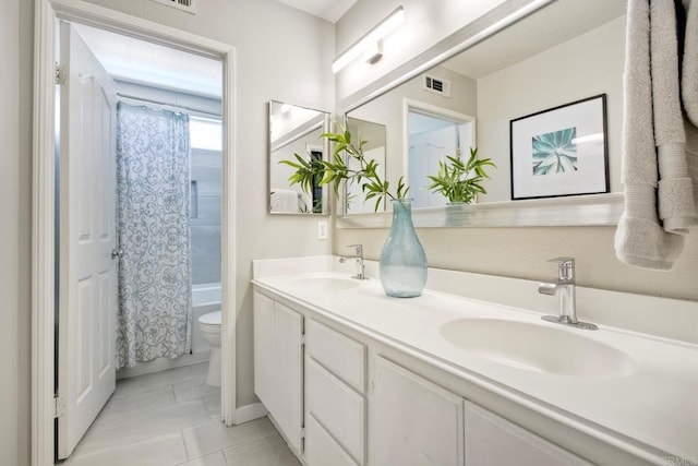 26149 Manzanita St, Murrieta, CA 92563 - bathroom featuring toilet, double vanity, shower / tub combo, and tile patterned floors