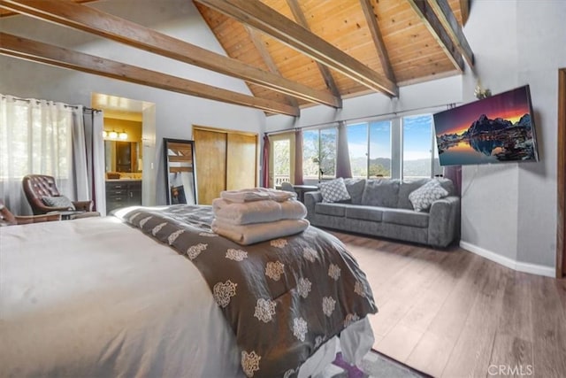 1033 Nadelhorn Dr, Lake Arrowhead, CA 92352 - bedroom featuring wood finished floors, a wood ceiling with exposed beams, high vaulted ceiling, and connected bathroom
