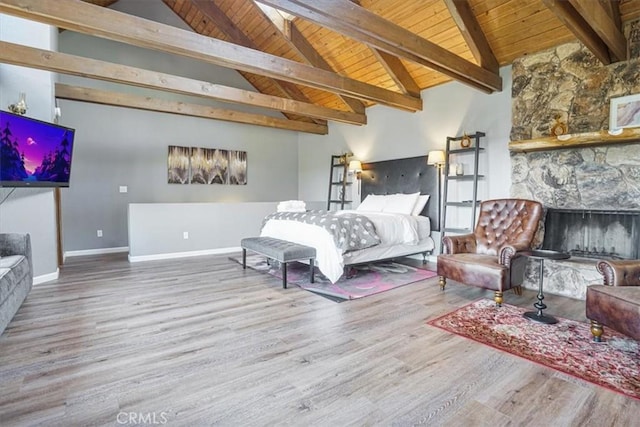 1033 Nadelhorn Dr, Lake Arrowhead, CA 92352 - bedroom with wooden ceiling, wood finished floors, baseboards, and a stone fireplace