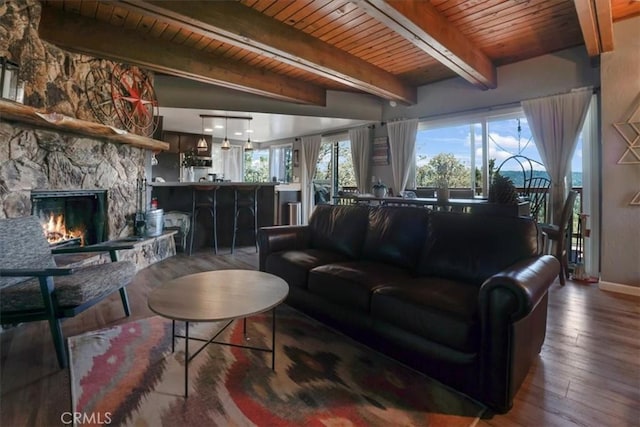 1033 Nadelhorn Dr, Lake Arrowhead, CA 92352 - living area featuring a wood ceiling with exposed beams, hardwood / wood-style floors, and a fireplace