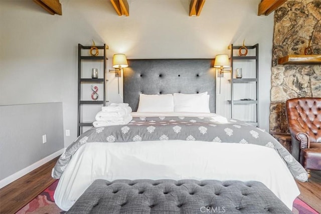 1033 Nadelhorn Dr, Lake Arrowhead, CA 92352 - bedroom featuring beamed ceiling and wood finished floors