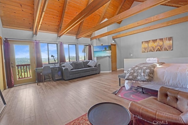 1033 Nadelhorn Dr, Lake Arrowhead, CA 92352 - bedroom with wood ceiling with exposed beams, hardwood / wood-style floors, access to outside, high vaulted ceiling, and baseboards