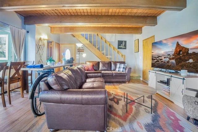 1033 Nadelhorn Dr, Lake Arrowhead, CA 92352 - living room featuring wood finished floors, stairs, and wood ceiling with exposed beams