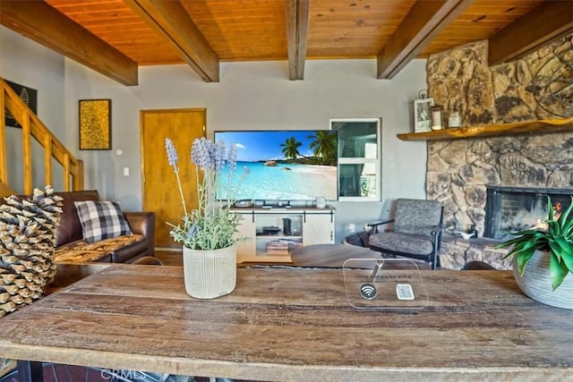1033 Nadelhorn Dr, Lake Arrowhead, CA 92352 - living room featuring a wooden ceiling with exposed beams, a stone fireplace, and stairs