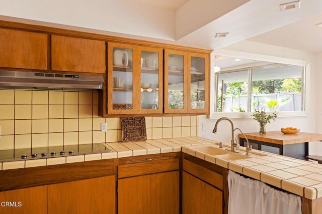 756 Linda Vista Ave, Pasadena, CA 91103 - kitchen with under cabinet range hood, a sink, tasteful backsplash, and glass insert cabinets