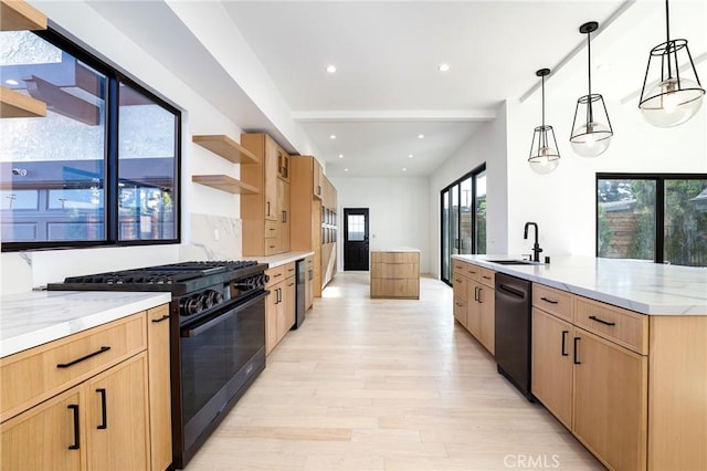 5633 E Deborah St, Long Beach, CA 90815 - kitchen featuring black appliances, a sink, light wood-style floors, open shelves, and a large island
