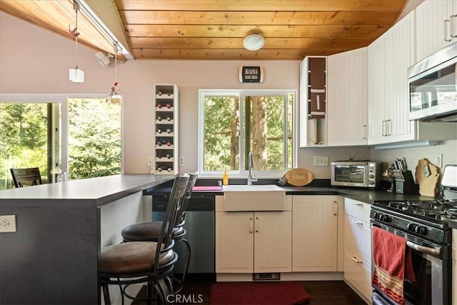 1053 Lausanne Dr, Crestline, CA 92325 - kitchen featuring stainless steel appliances, a sink, wood ceiling, a peninsula, and pendant lighting