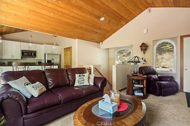 1053 Lausanne Dr, Crestline, CA 92325 - living area with light colored carpet, plenty of natural light, wooden ceiling, and high vaulted ceiling