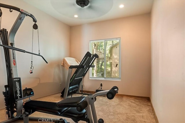 1053 Lausanne Dr, Crestline, CA 92325 - exercise room with carpet, a ceiling fan, recessed lighting, and baseboards