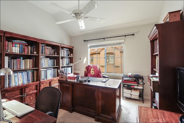 48 Via Athena, Aliso Viejo, CA 92656 - home office featuring light carpet, lofted ceiling, and a ceiling fan