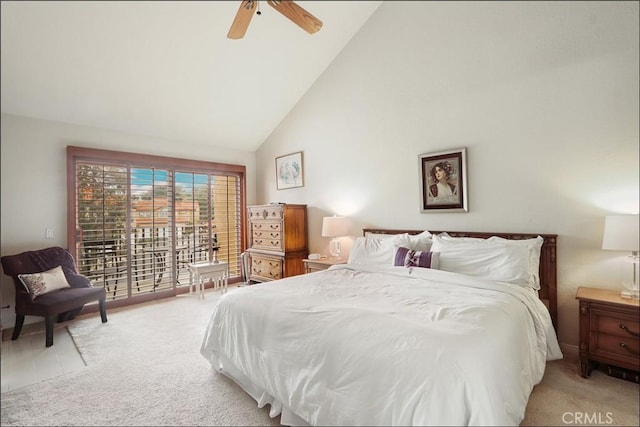 48 Via Athena, Aliso Viejo, CA 92656 - bedroom featuring high vaulted ceiling, access to exterior, light carpet, and ceiling fan
