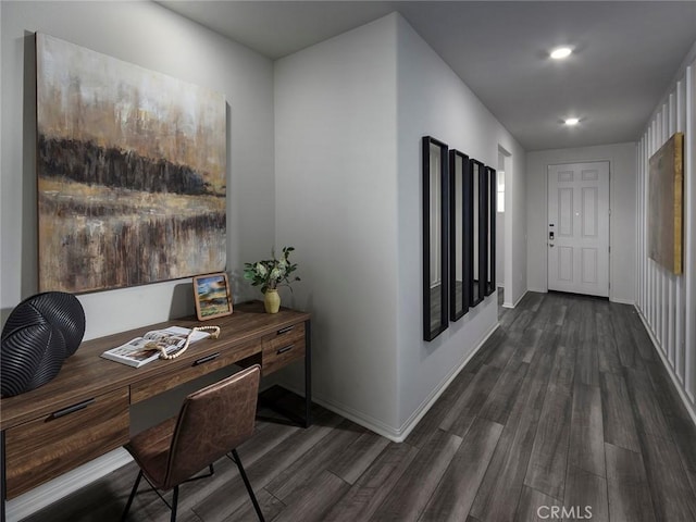 35231 Lopez Ln, Beaumont, CA 92223 - corridor with dark wood-type flooring, an office area, and baseboards
